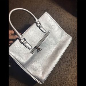 Silver Faux Leather Tote Bag Purse